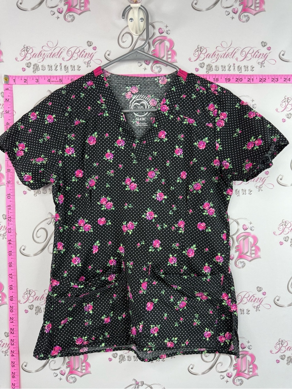 Health pro scrub top tshirt  V-Neck Tunic Top in Black with Pink Rose Print